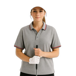 NEW POL Woman's Small Gray Cotton Short Sleeve Polo Shirt Red Black Stripe Trim